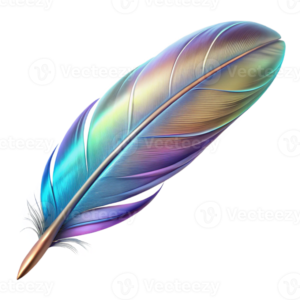 magnificent notable Ultra-detailed, photorealistic isolated cutout of a single, floating feather with holographic iridescence with Transparent Background png