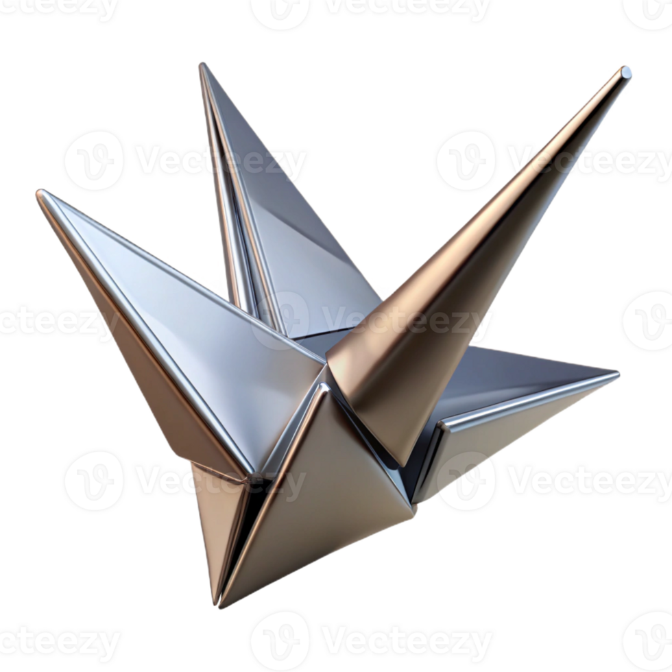 majestic dynamic geometric Concept art style, isolated cutout of a single, intricate, origami crane folded from metallic paper with Transparent Background refined png