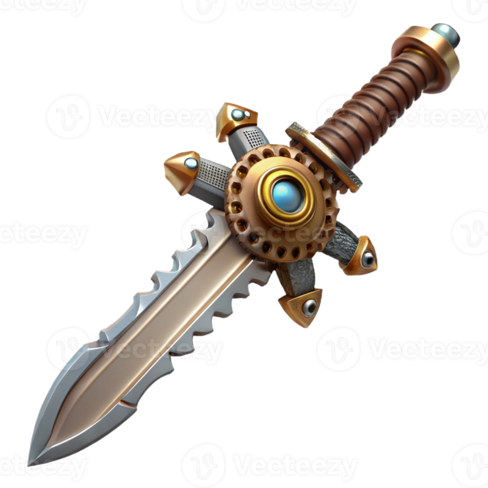 intense striking Steampunk sword with intricate metalwork and gear-shaped hilt with Transparent Background detailed png