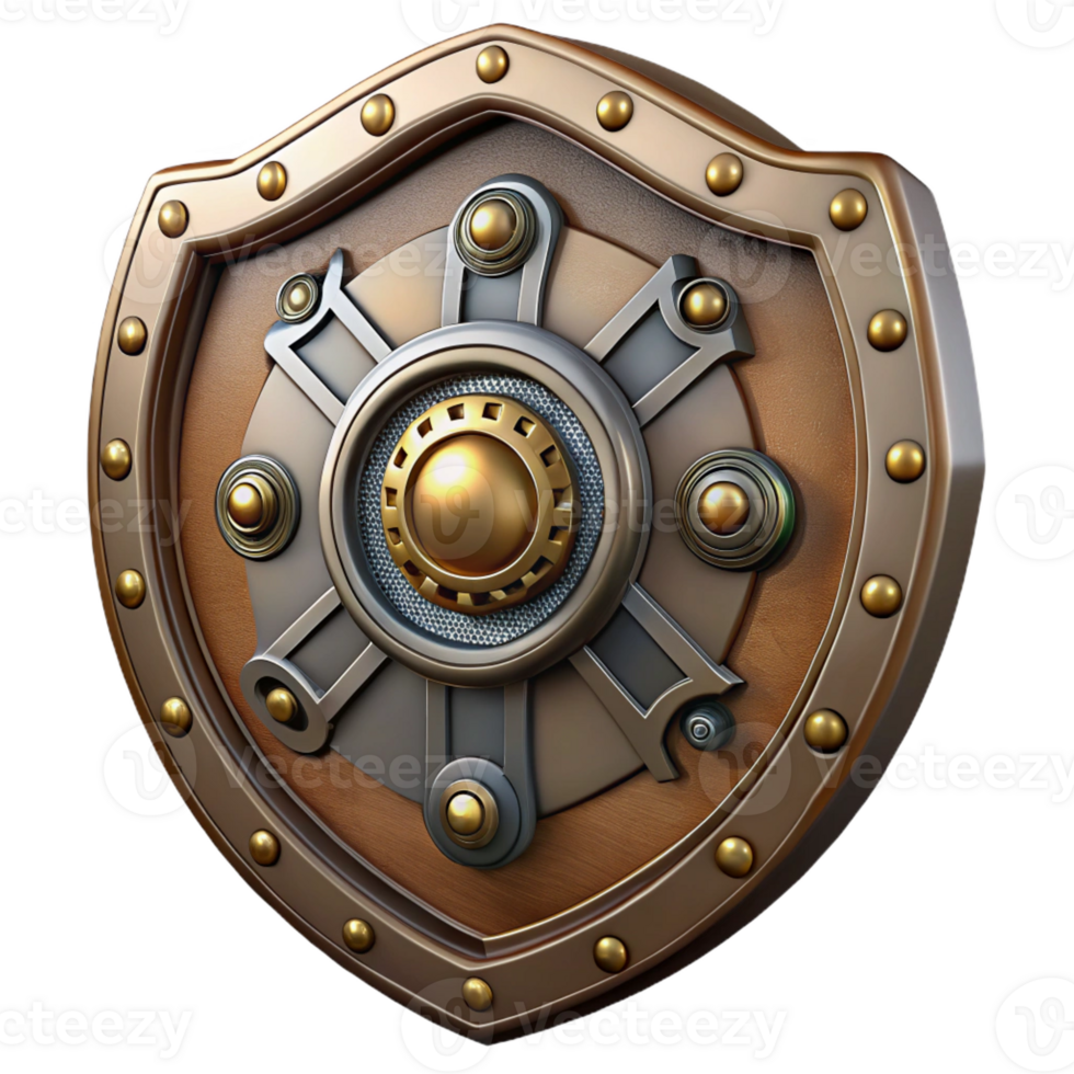 rare creative Steampunk shield with intricate metalwork and clockwork details with Transparent Background museum quality png