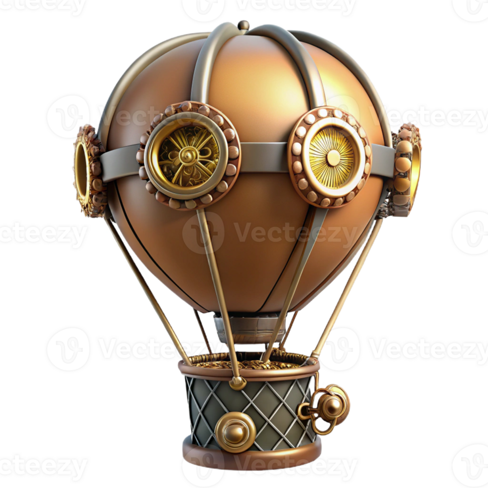 striking joyful organic Steampunk hot air balloon model with intricate gears and a wicker basket with Transparent Background gallery standard png