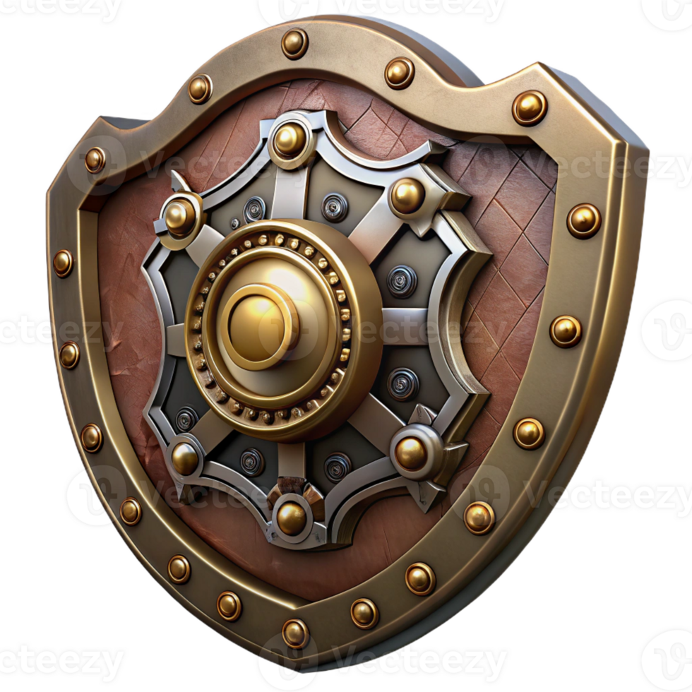 elegant avant-garde Steampunk shield with intricate metalwork and clockwork details with Transparent Background 8K png