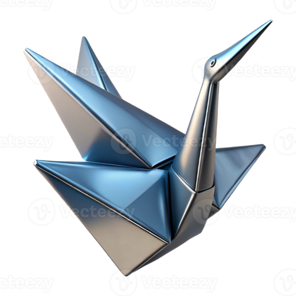 dreamy immaculate Concept art style, isolated cutout of a single, intricate, origami crane folded from metallic paper with Transparent Background crisp png