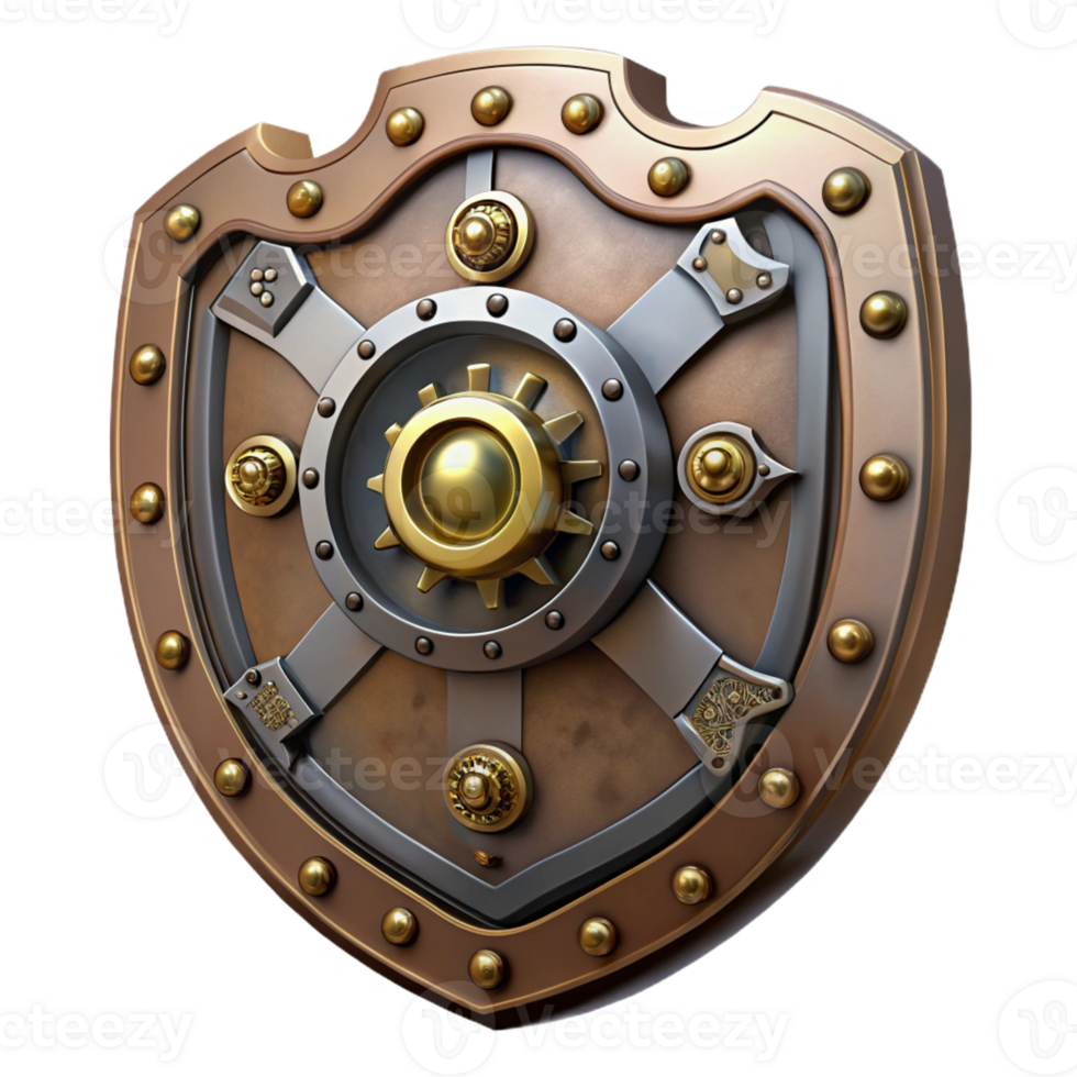 majestic unparalleled Steampunk shield with intricate metalwork and clockwork details with Transparent Background png