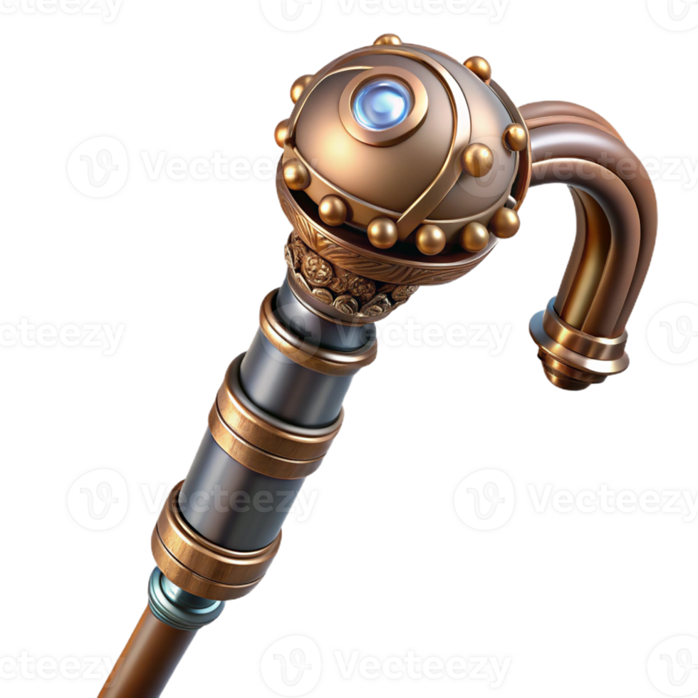 vibrant calm coastal Steampunk cane with intricate metalwork and hidden gadgets with Transparent Background top-tier png