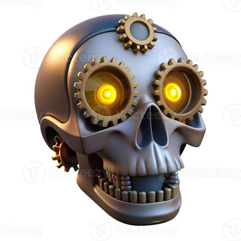 sumptuous iconic Steampunk skull with gears, clockwork, and glowing LED eyes with Transparent Background png