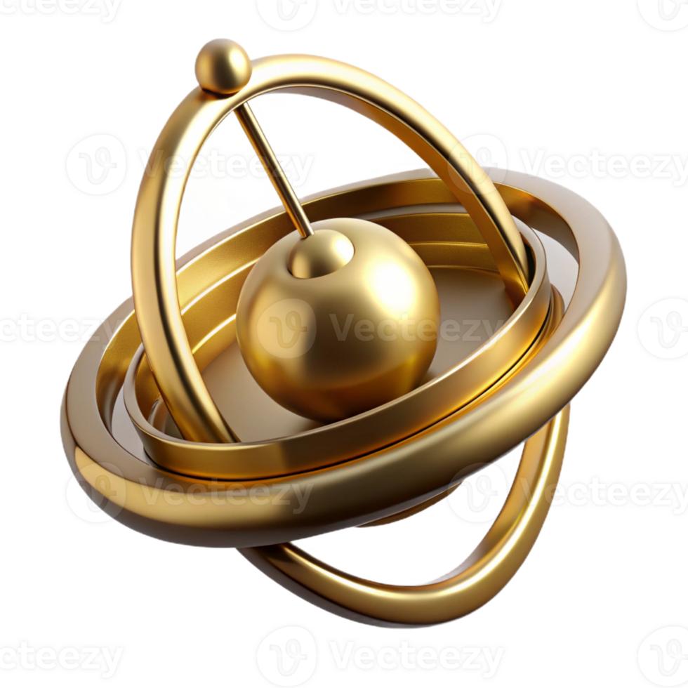 impressive abstract Hyper-specific professional render of an isolated, rotating, gyroscope made of polished brass Isolated cutout with Transparent Background high resolution png