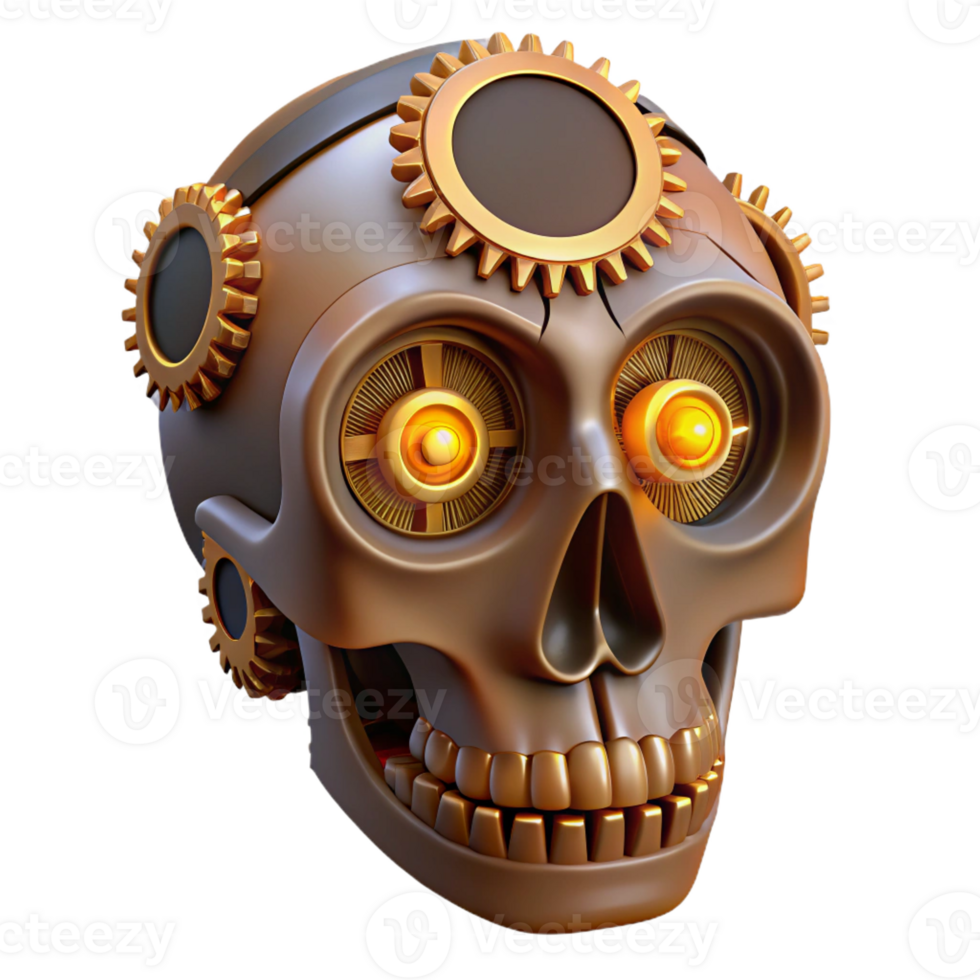 elegant artistic Steampunk skull with gears, clockwork, and glowing LED eyes with Transparent Background top-tier png