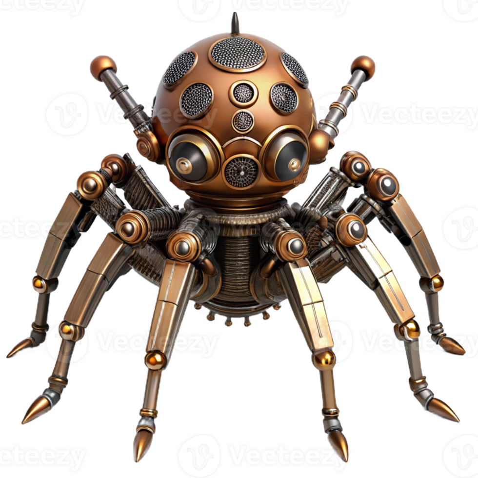 remarkable vintage Steampunk robotic spider with articulated legs and intricate gears with Transparent Background precision png
