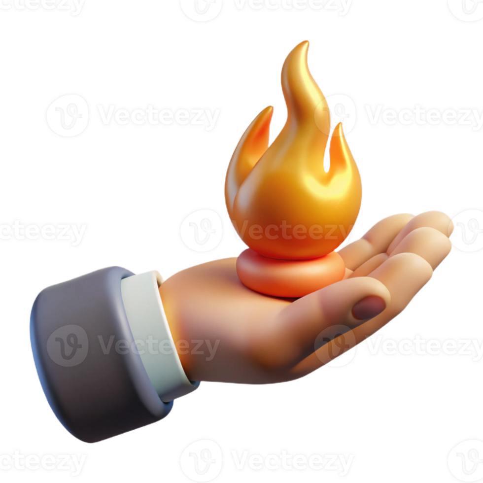 celebrated rustic Concept art style, isolated cutout of a single, stylized human hand holding a flickering flame with Transparent Background ultra HD png
