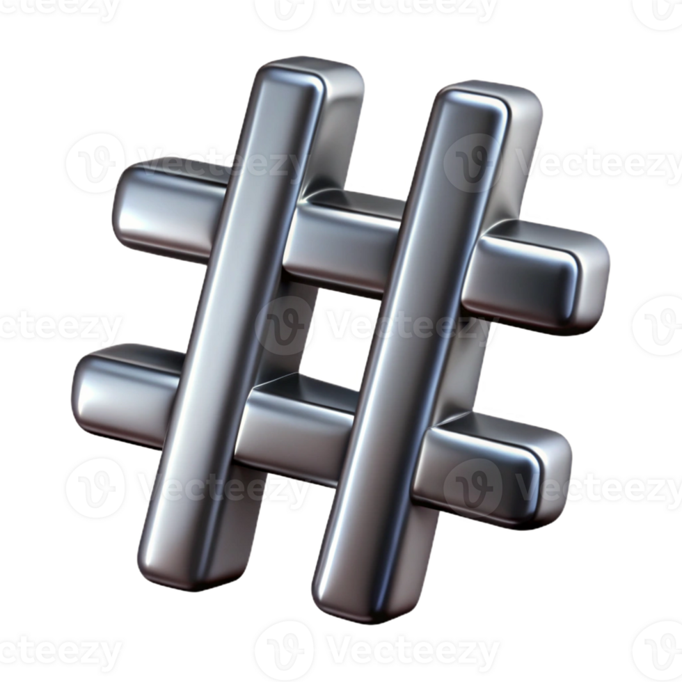immaculate tropical A single, stylized hashtag symbol made of brushed steel with Transparent Background top-tier png