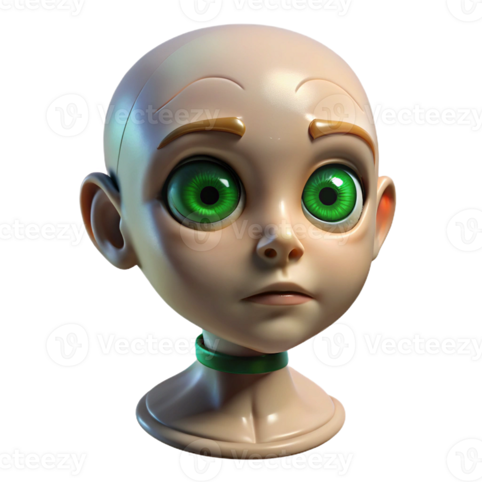hypnotic memorable Concept art style, isolated cutout of a single, decaying, antique porcelain doll head with a single, oversized, emerald green eye with Transparent Background png