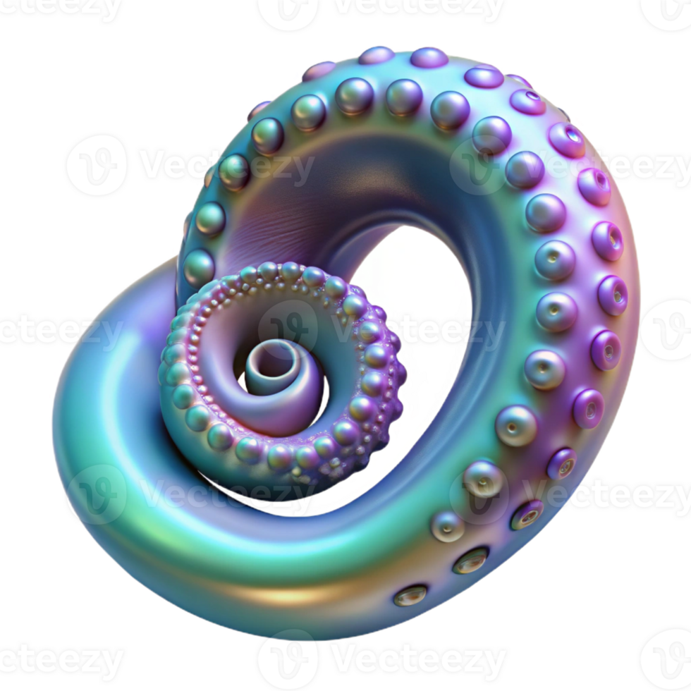 glorious exemplary Ultra-detailed, professional render of a solitary, bioluminescent, iridescent octopus tentacle, meticulously textured, curled into a Fibonacci spiral with Transparent Background png