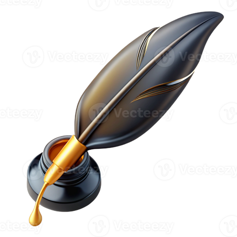 glorious geometric Ultra-detailed, professional render of a solitary, floating, obsidian black feather pen, dripping with liquid gold ink with Transparent Background 4K png