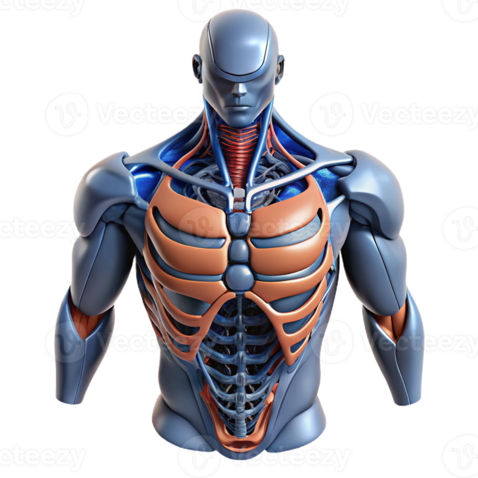 wonderful baroque Professional render, ultra-detailed, photorealistic biomechanical torso with exposed internal framework with Transparent Background high quality png