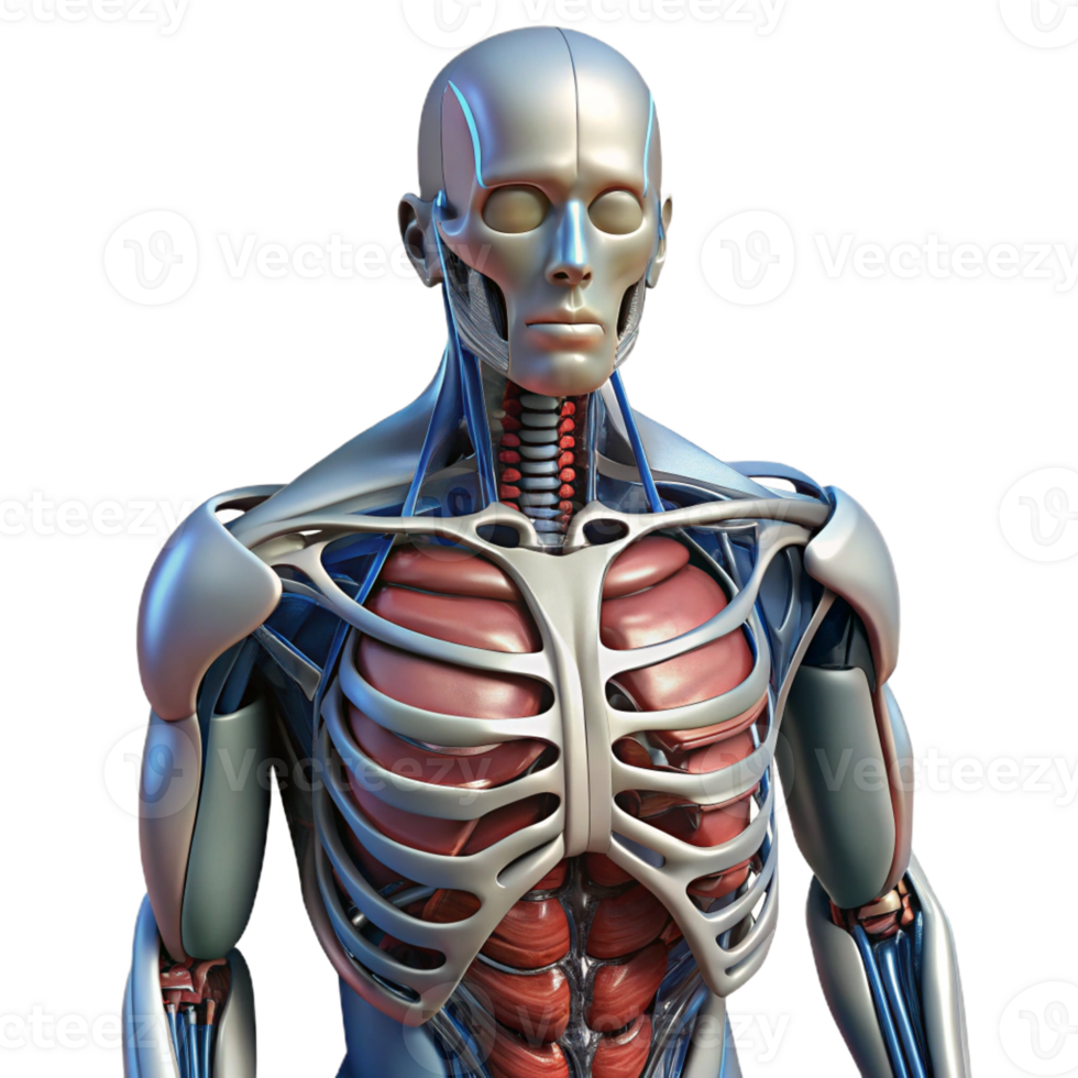 immaculate iconic Professional render, ultra-detailed, photorealistic biomechanical torso with exposed internal framework with Transparent Background png