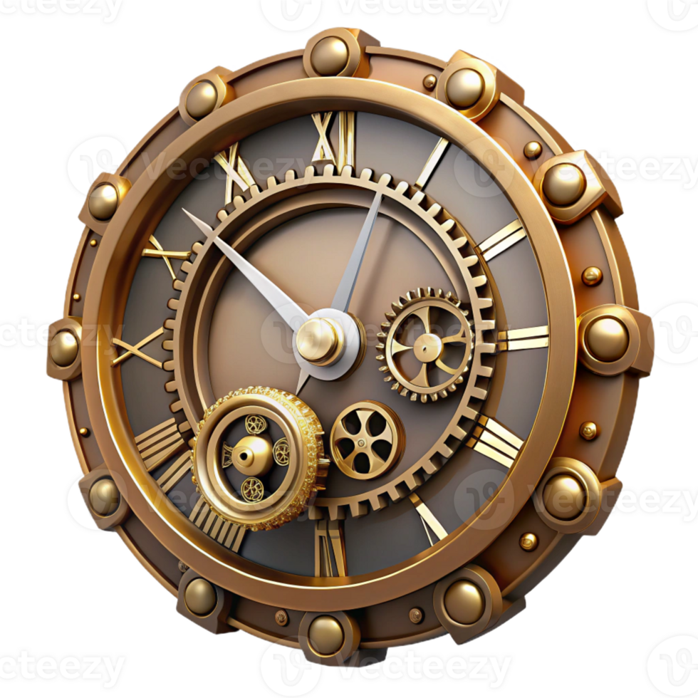 hypnotic avant-garde Steampunk clock face with Roman numerals and intricate gears with Transparent Background museum quality png
