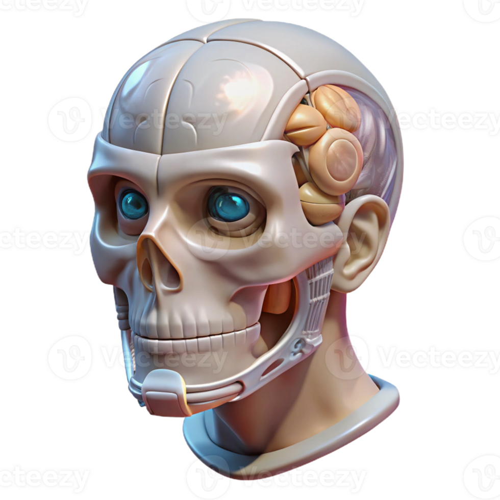 splendid mysterious avant-garde Professional render, ultra-detailed, photorealistic biomechanical head with transparent cranial casing with Transparent Background handcrafted png