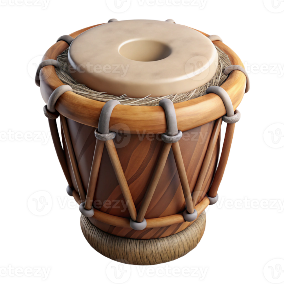 hypnotic remarkable Ultra-detailed, photorealistic isolated cutout of a weathered tribal drum with stretched animal hide with Transparent Background png
