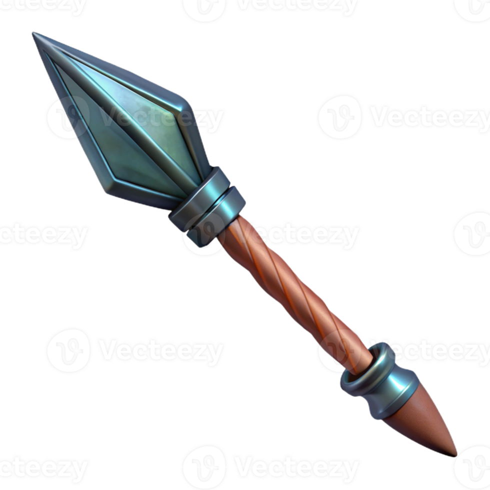 dramatic sought-after Concept art style, isolated cutout of a single, hand-forged tribal spear with a sharpened obsidian tip with Transparent Background png