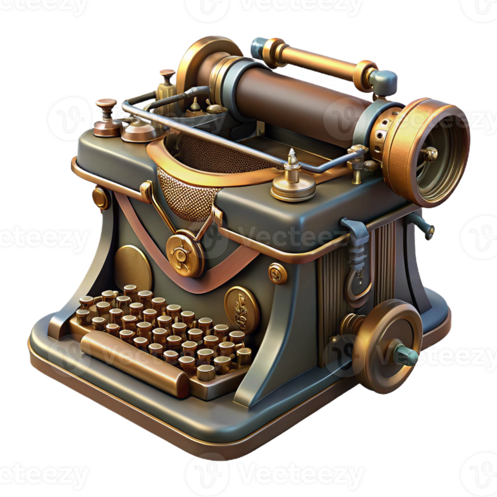 serene dreamy mid-century Steampunk typewriter with ornate keys and a metal casing with Transparent Background impeccable png