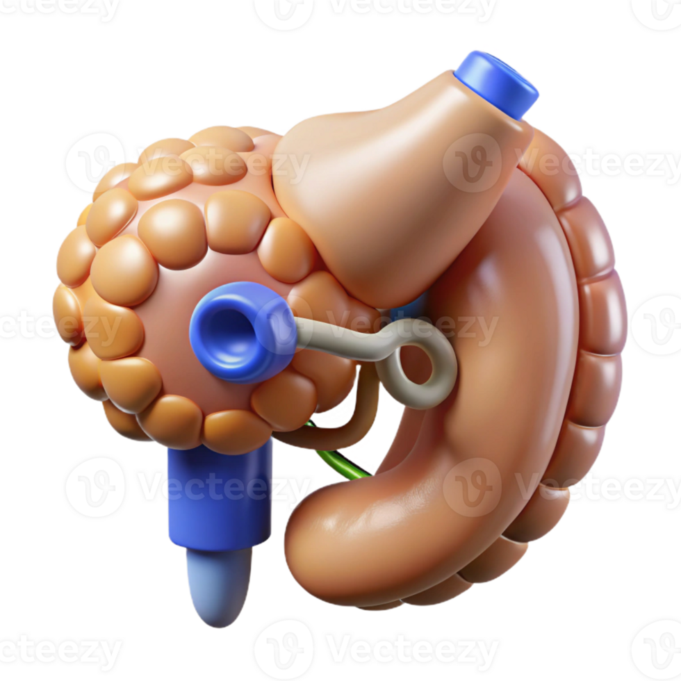 energetic elegant Hyper-specific, concept art style, isolated cutout of a biomechanical pancreas with integrated insulin production system with Transparent Background artisan png
