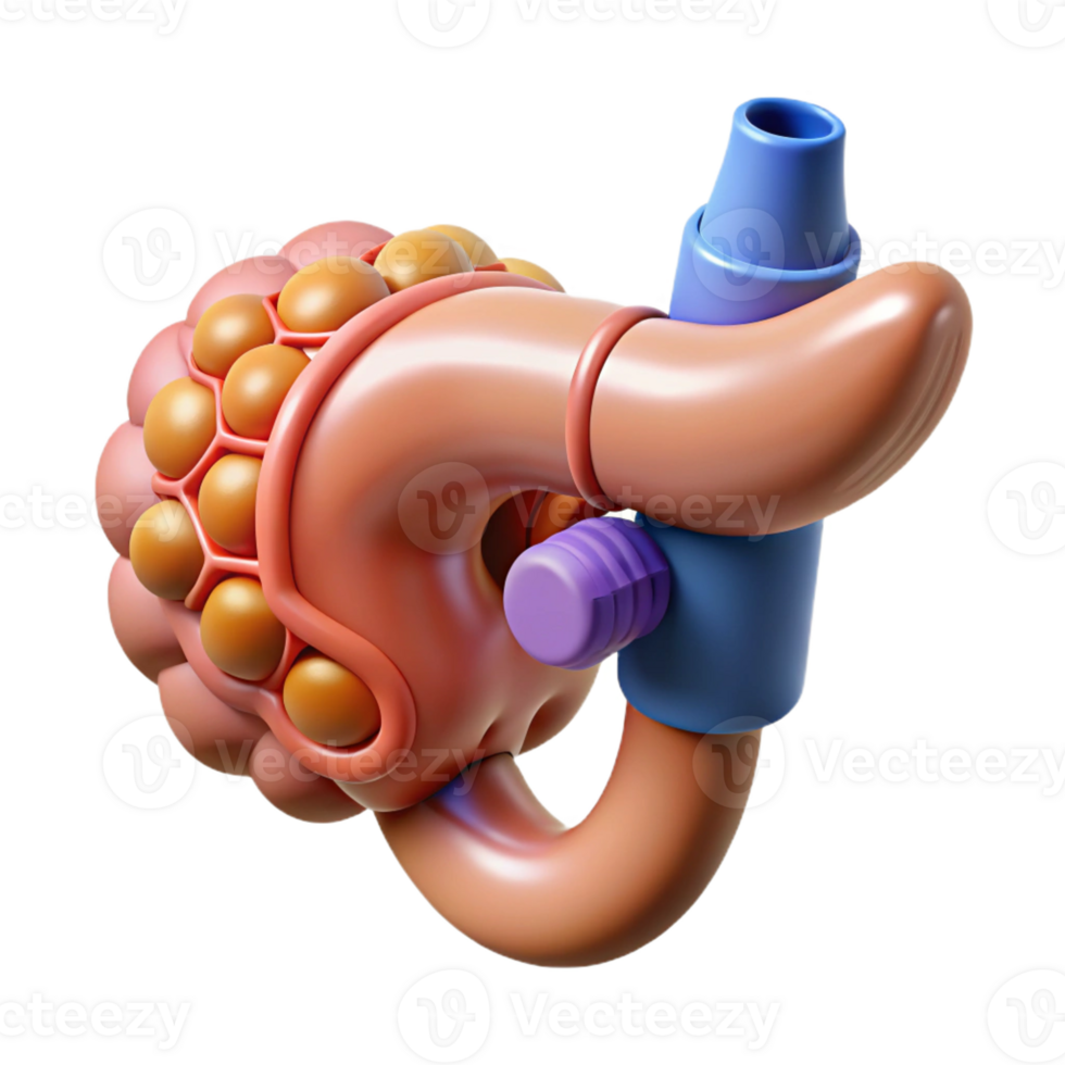 joyful elegant Hyper-specific, concept art style, isolated cutout of a biomechanical pancreas with integrated insulin production system with Transparent Background sharp png