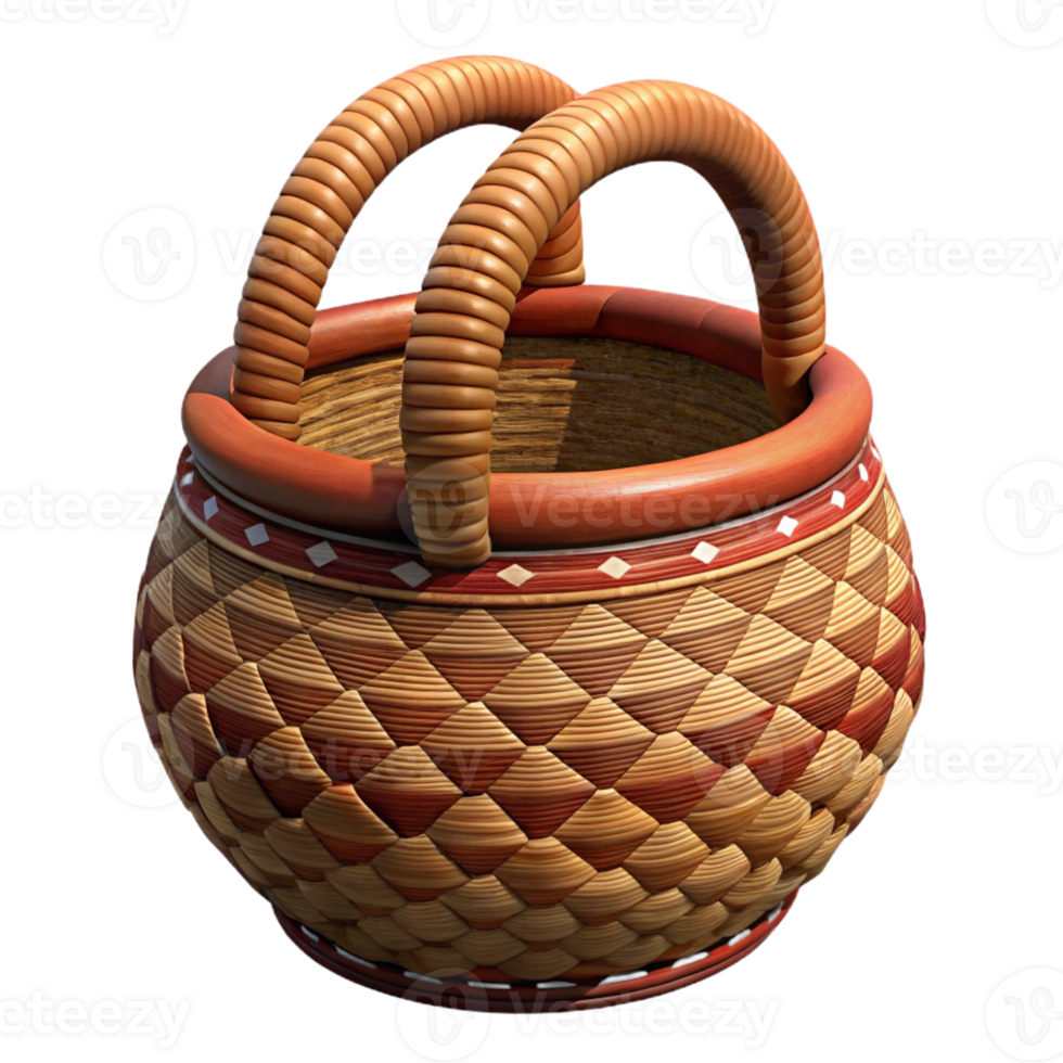 joyful immaculate Hyper-specific, professional render of a tribal woman's woven basket with intricate patterns, isolated cutout with Transparent Background masterfully captured png