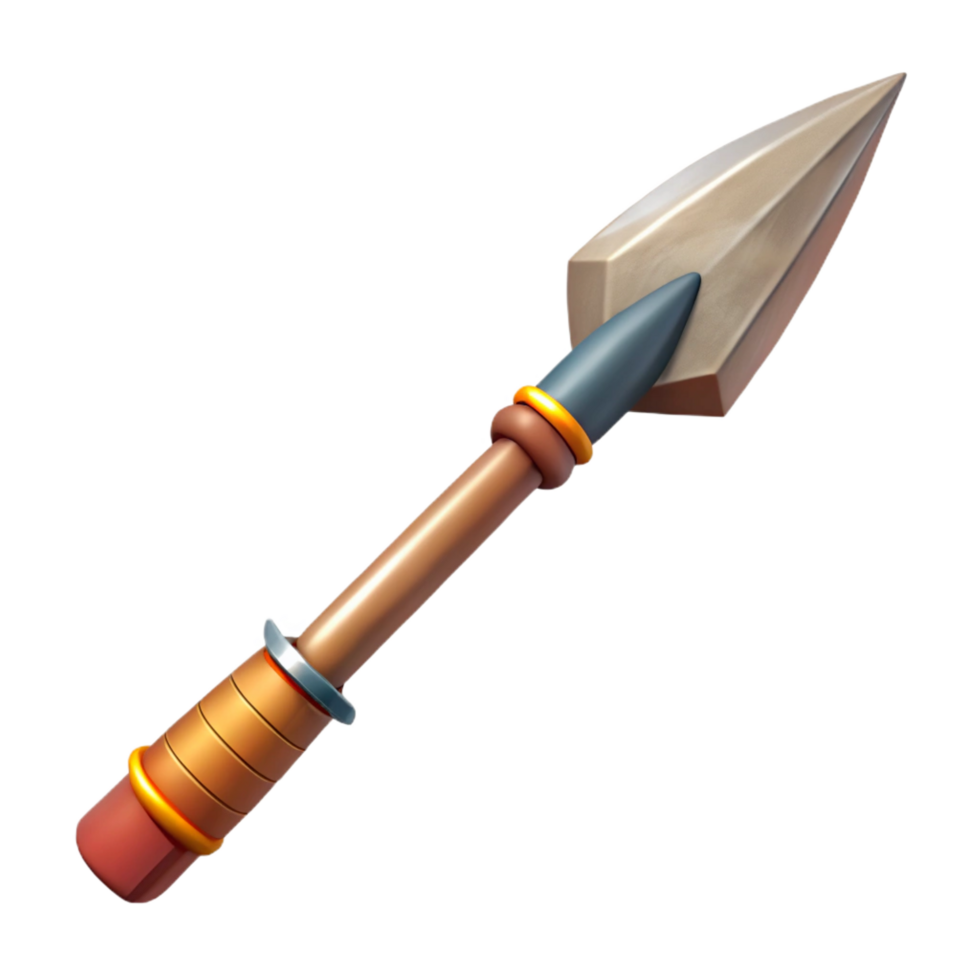 impressive tropical Hyper-specific, professional render of a tribal spear with a hand-carved wooden shaft and a sharpened flint point Isolated cutout with Transparent Background ultra HD png