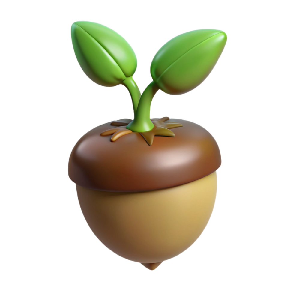 exquisite timeless Hyper-specific, professional render of a single, sprouting acorn with a visible root with Transparent Background png