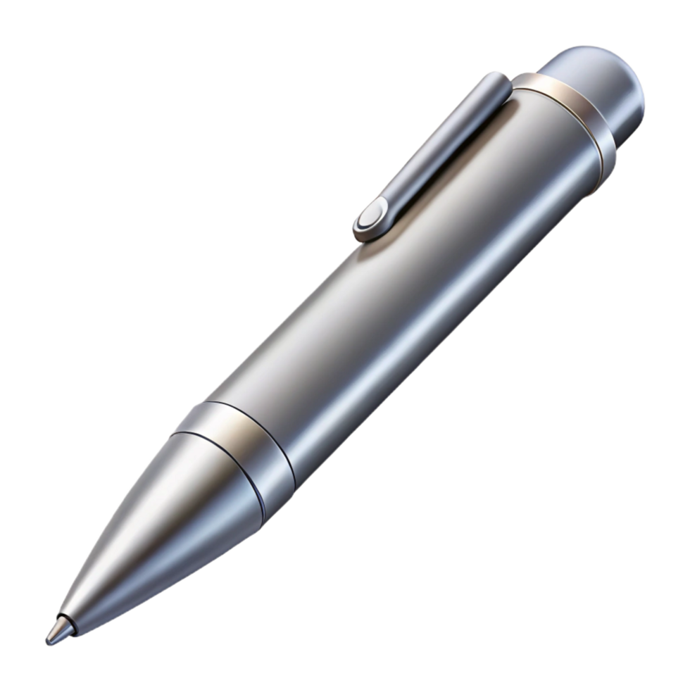 gorgeous coveted Concept art style, ultra-detailed render of a single silver ballpoint pen, isolated cutout with Transparent Background png