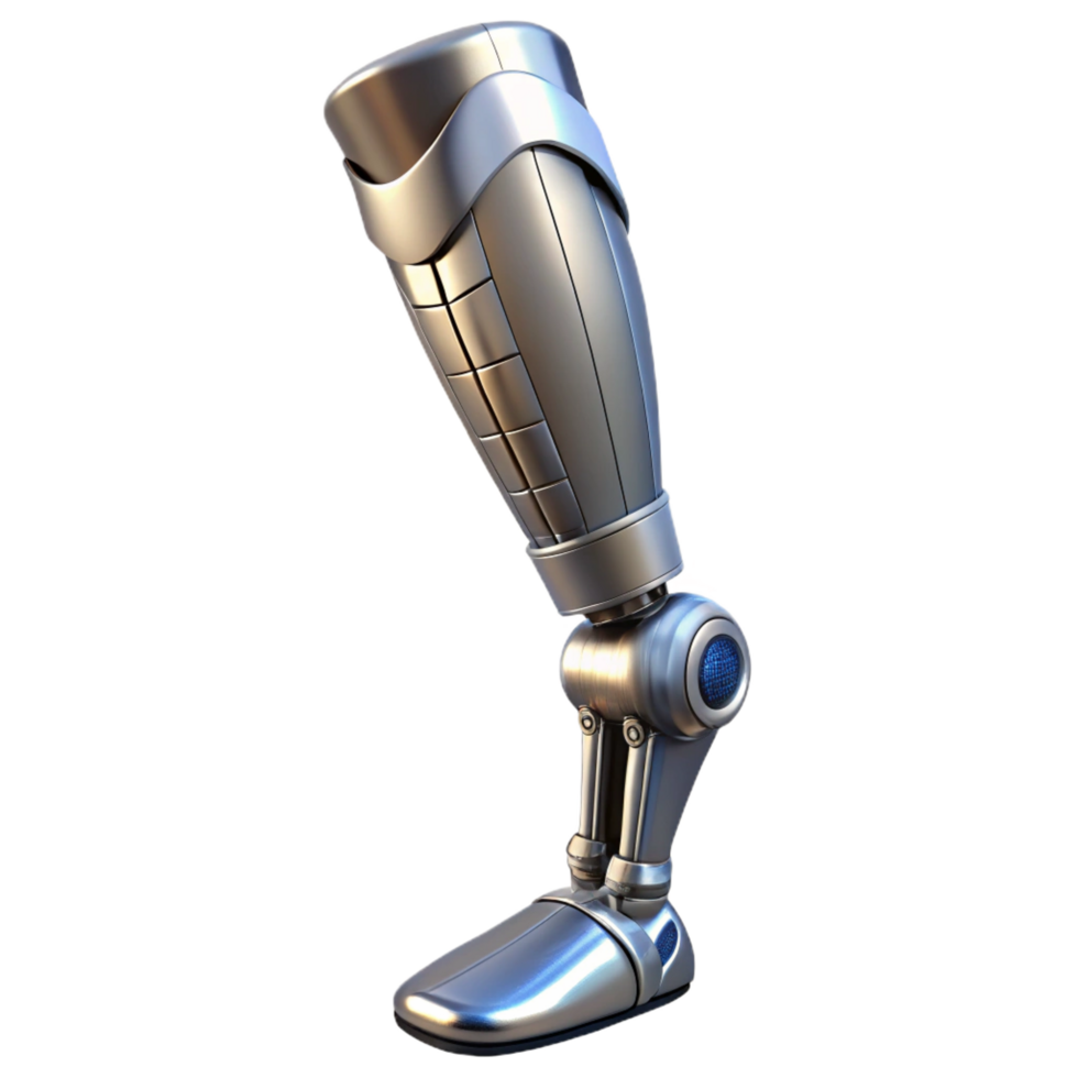 hypnotic dynamic mid-century Cybernetic prosthetic leg with chrome finish and exposed mechanics with Transparent Background ultra HD png