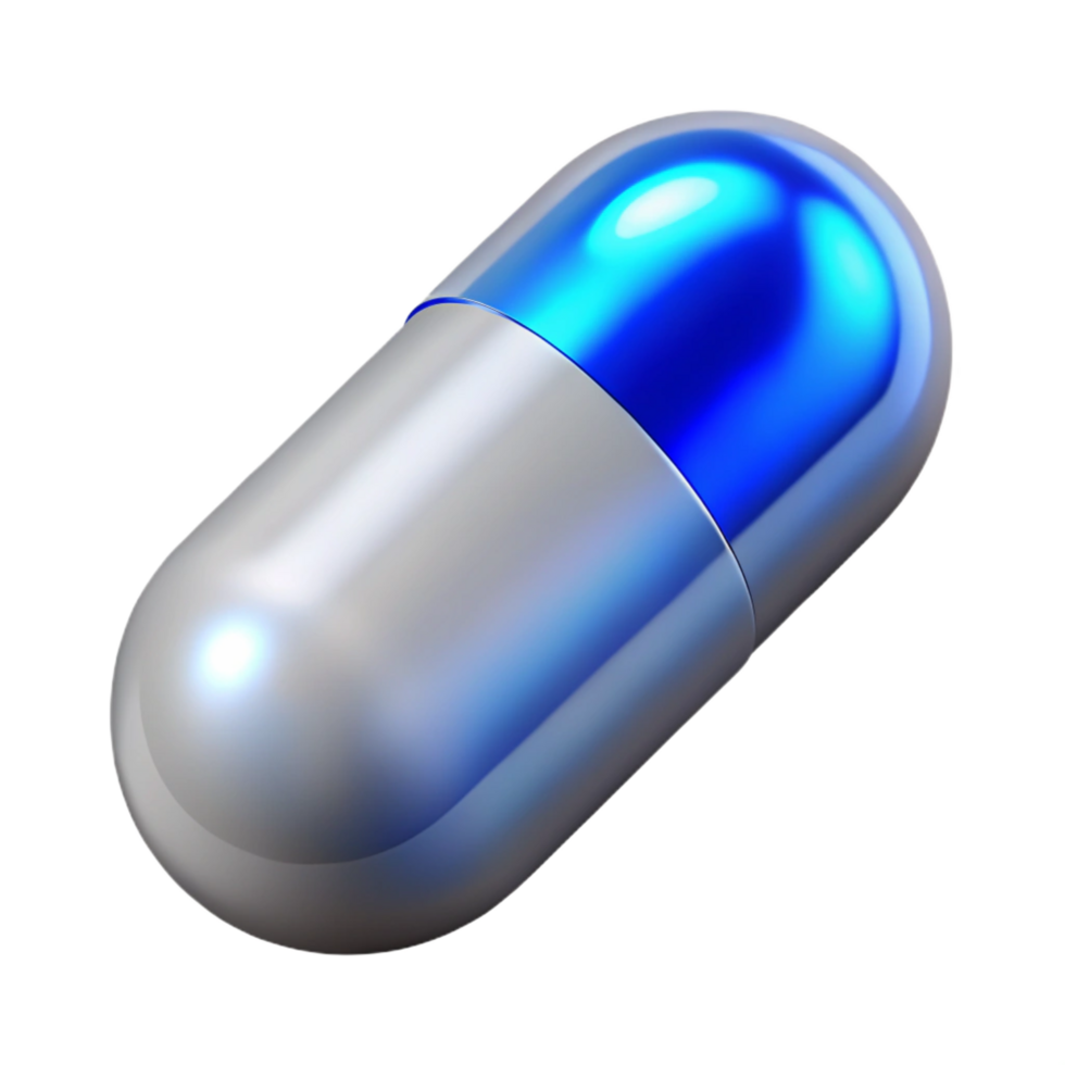 hypnotic classic Isolated cutout, photorealistic, ultra-detailed A single, gleaming silver pill with a glowing blue core with Transparent Background genuine png