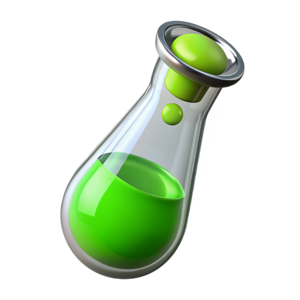 immaculate iconic Photorealistic, professional render, isolated cutout A single, glass and chrome vial containing a bubbling, fluorescent green liquid with Transparent Background png