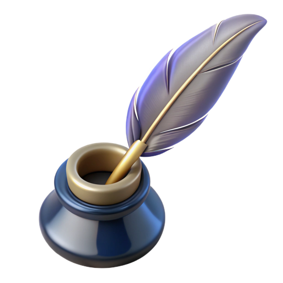 elegant remarkable A single, stylized feather pen, with an inkwell with Transparent Background png