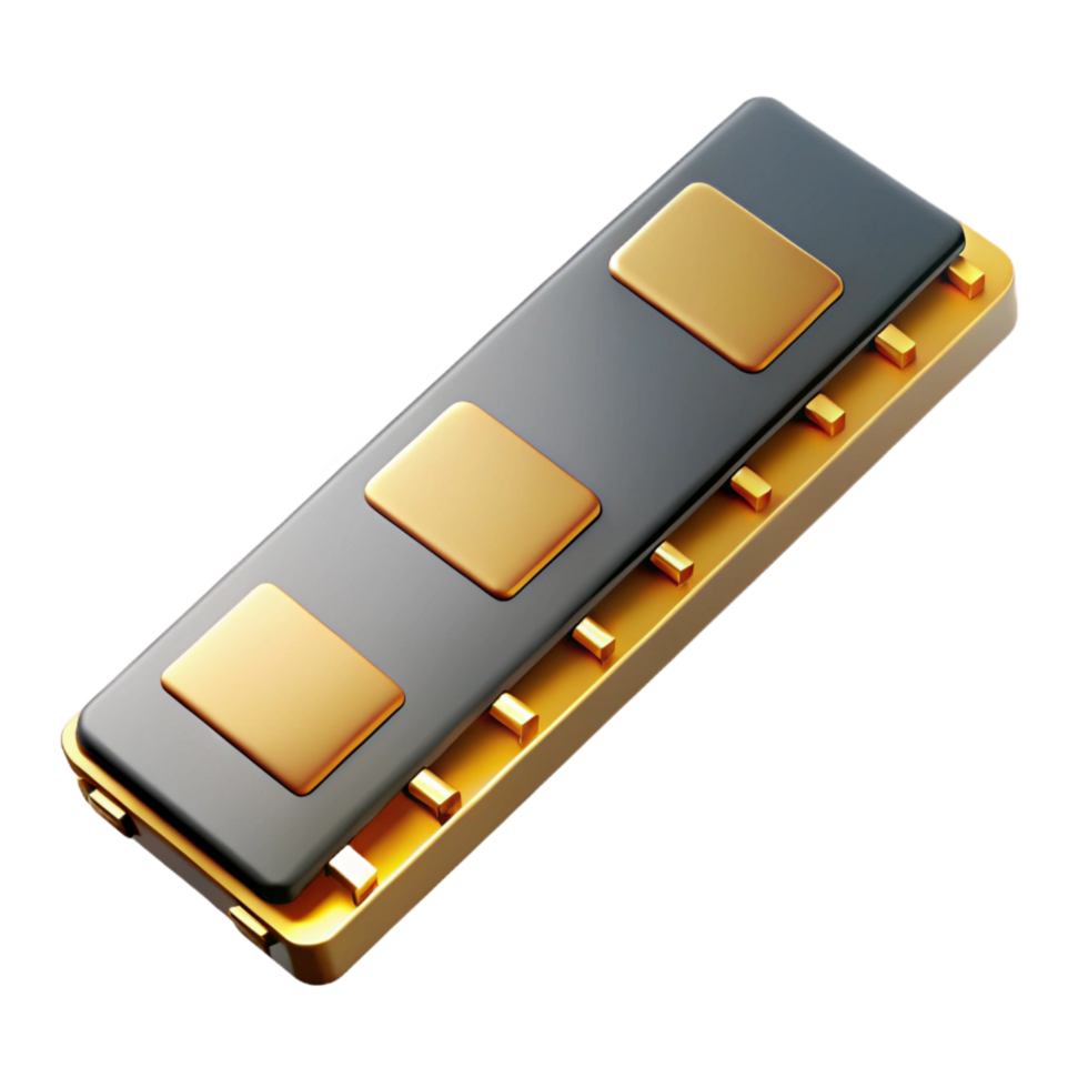 magnificent timeless Hyper-specific, isolated cutout of a single RAM module, photorealistic, professional render, ultra-detailed gold contacts with Transparent Background png