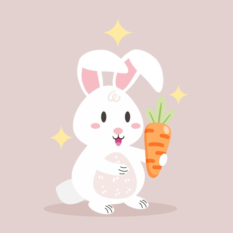 Cute illustration of a happy white bunny holding a big orange carrot. The bunny has pink cheeks and sparkling stars around it, perfect for spring and Easter themes. vector