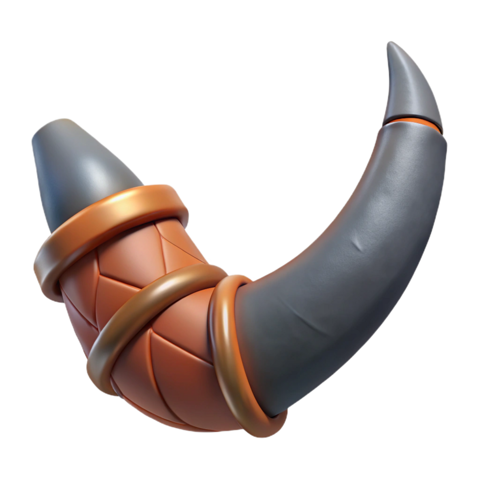 dazzling celebrated Concept art style, isolated cutout Hyper-specific render of a single Minotaur horn, chipped and scarred, textured surface with Transparent Background png