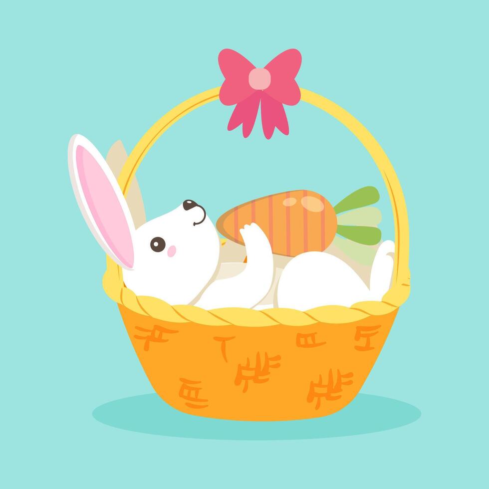 Cute Easter bunny relaxing in a basket with a carrot. Festive spring illustration for holiday themes. vector