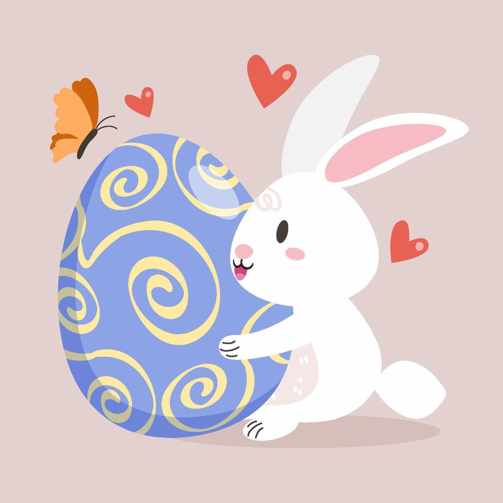 Cute white Easter bunny hugging a large light blue Easter egg decorated with yellow swirls. A small orange butterfly and red hearts float around them on a light beige background. illustration vector