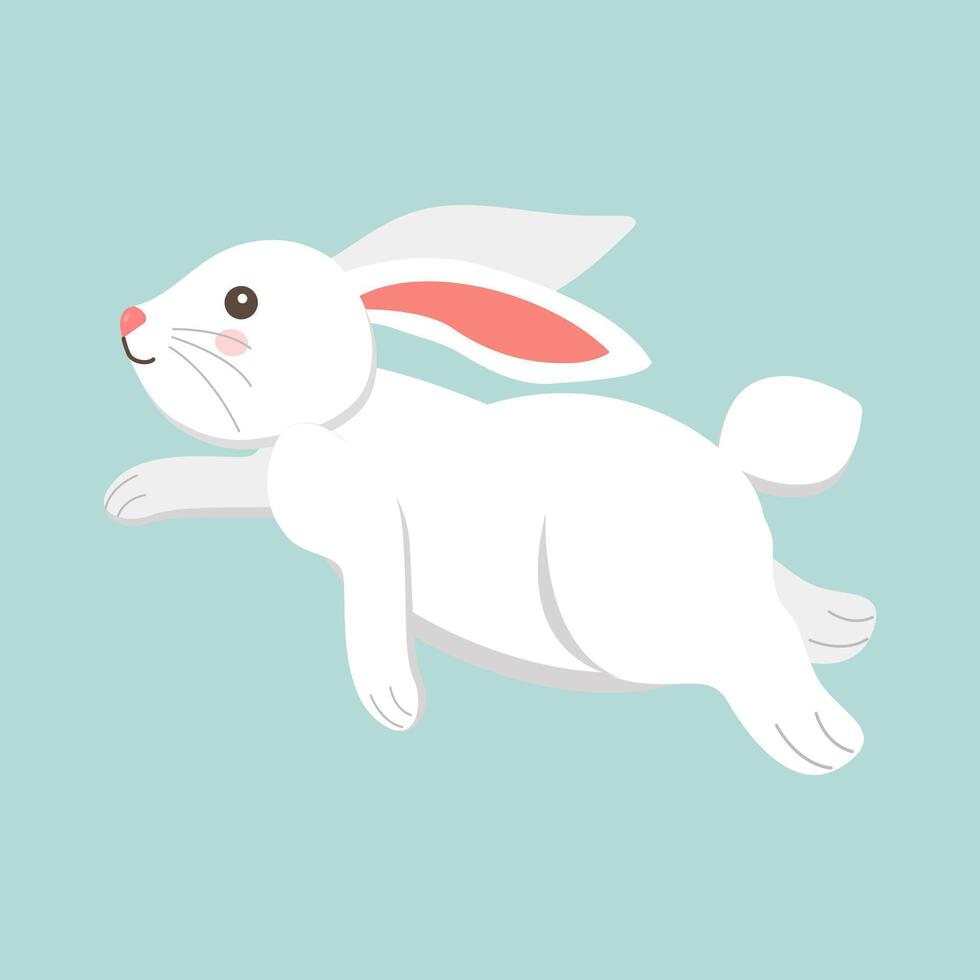 Adorable white bunny in mid jump on a pastel background. Perfect for Easter themes, kids illustrations, animal designs, spring graphics, and cute cartoon animal collections. vector