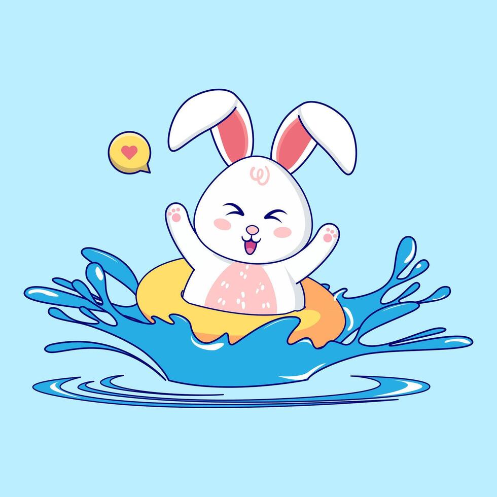 Cute cartoon bunny splashing in water with a swim ring, cheerful and playful summer vibe. Perfect for kids, holiday, or aquatic themed design. illustration on blue background. vector