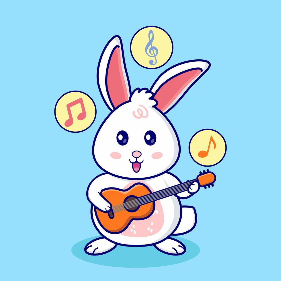 Cute cartoon bunny playing guitar with music notes on a blue background. Fun and musical animal illustration perfect for kids art, posters, music themed designs, and character merchandise. vector