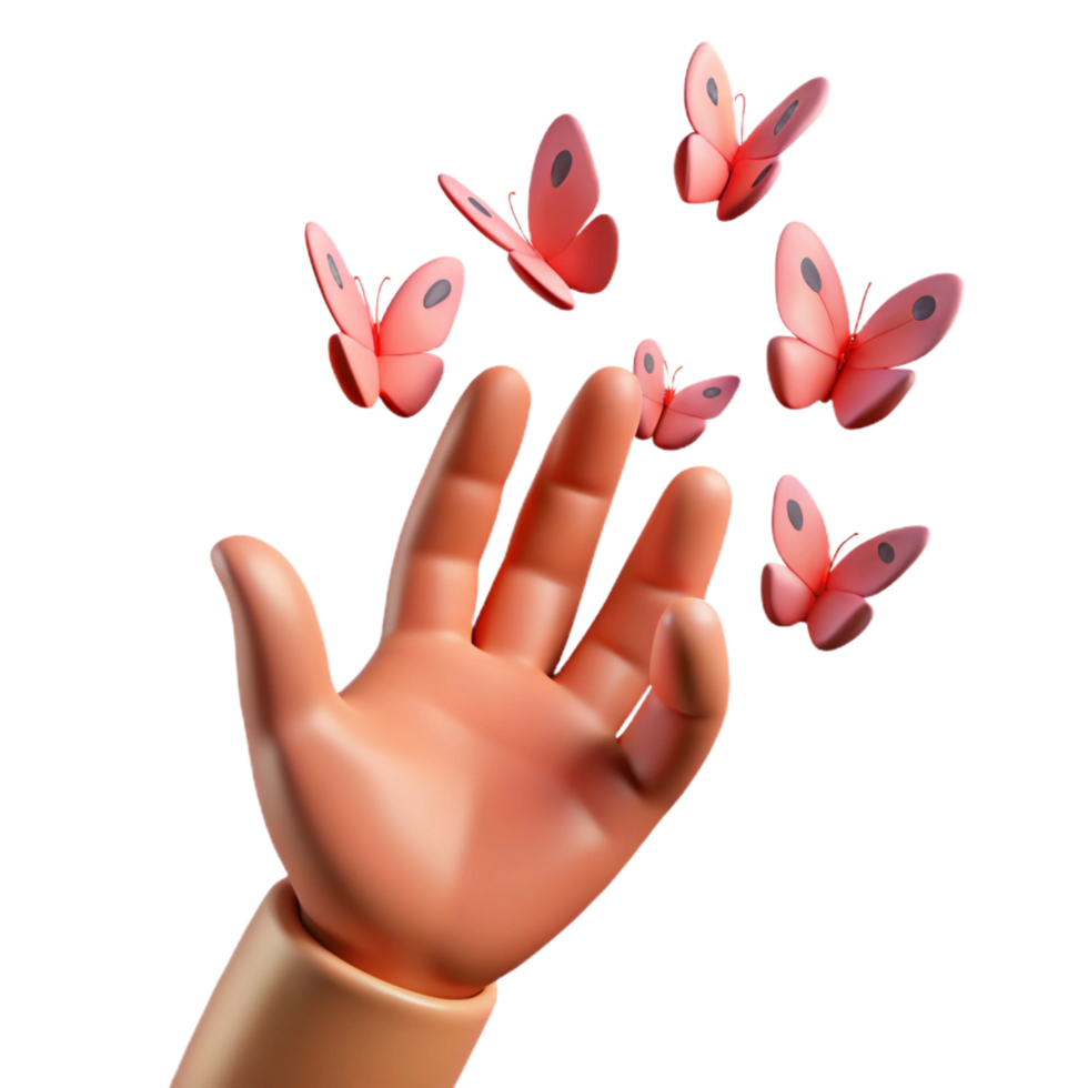 immaculate minimalist Concept art style, isolated cutout of a single, stylized, human hand, transforming into a flock of butterflies with Transparent Background handcrafted png
