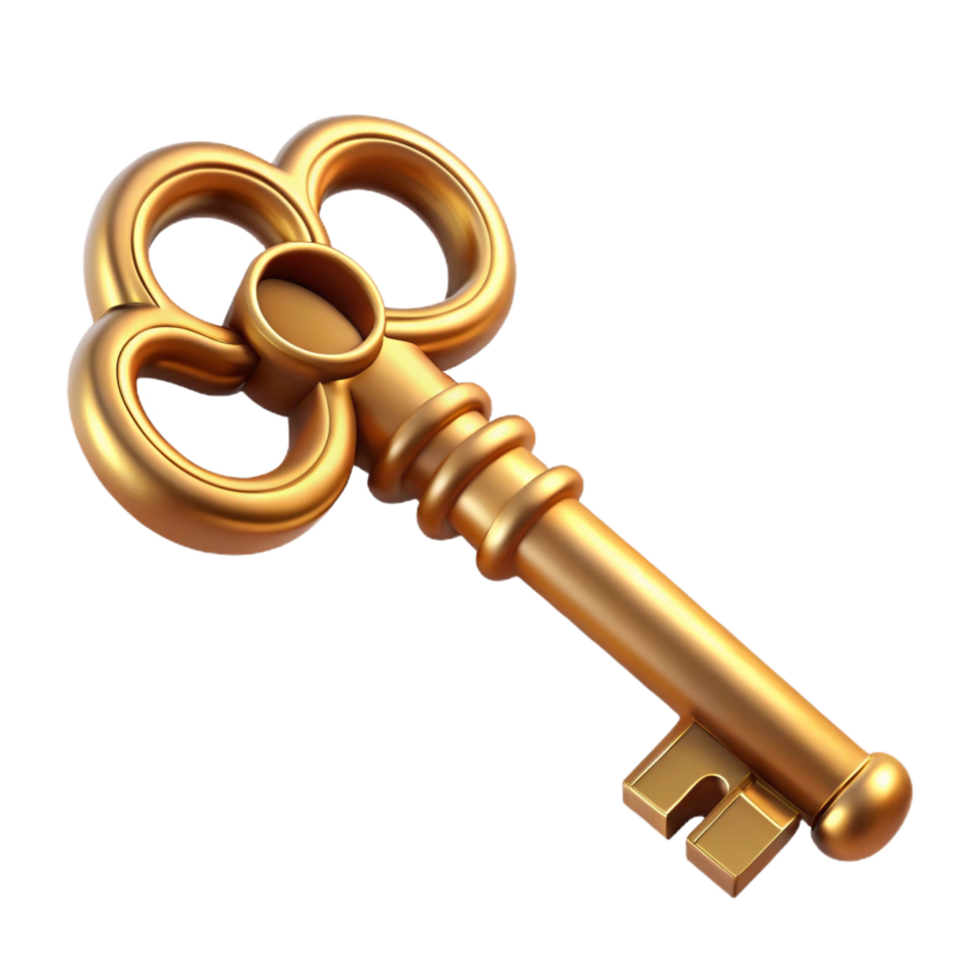 immaculate iconic Photorealistic, ultra-detailed, hyper-specific professional render of a single, isolated antique brass key, intricate carvings, isolated cutout with Transparent Background png