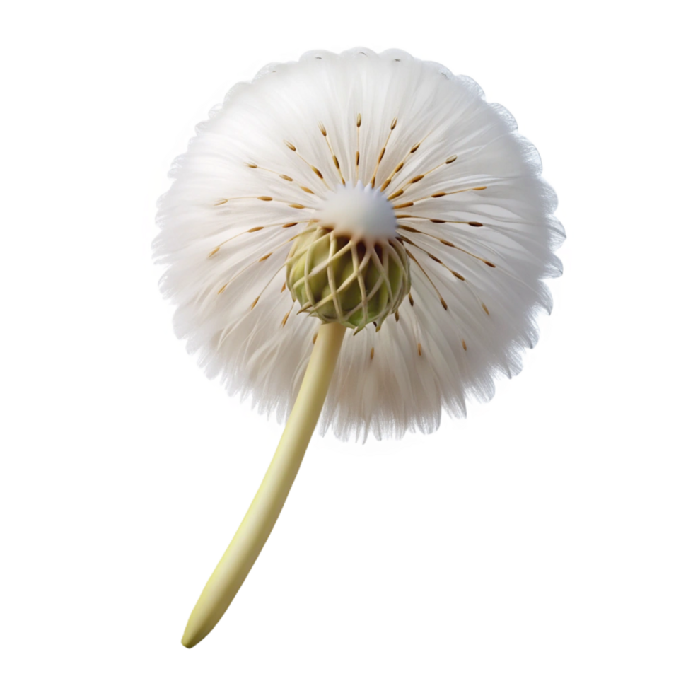 melancholic pristine Photorealistic isolated cutout of a single dandelion seed head with delicate white fluff with Transparent Background luxury png