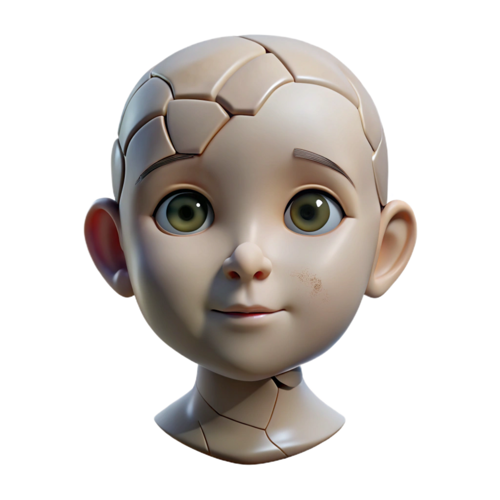 captivating intense bohemian Hyper-specific concept art style isolated cutout of a cracked porcelain doll head, professional render with Transparent Background exclusive png