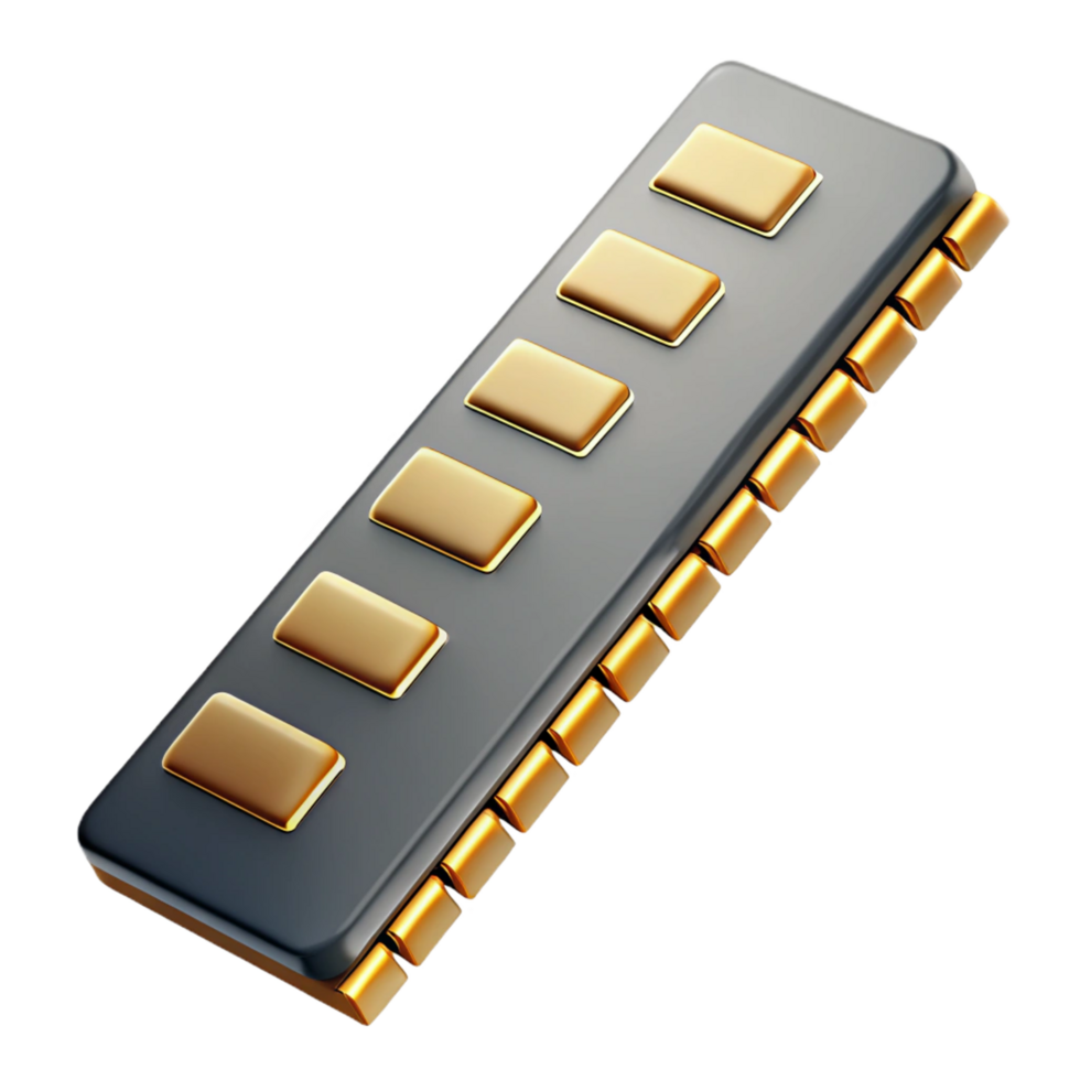 immaculate avant-garde Hyper-specific, isolated cutout of a single RAM module, photorealistic, professional render, ultra-detailed gold contacts with Transparent Background refined png