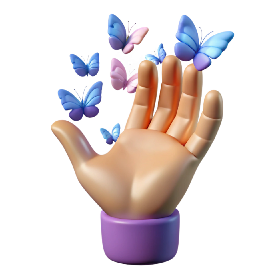 hypnotic organic Concept art style, isolated cutout of a single, stylized, human hand, transforming into a flock of butterflies with Transparent Background perfect clarity png