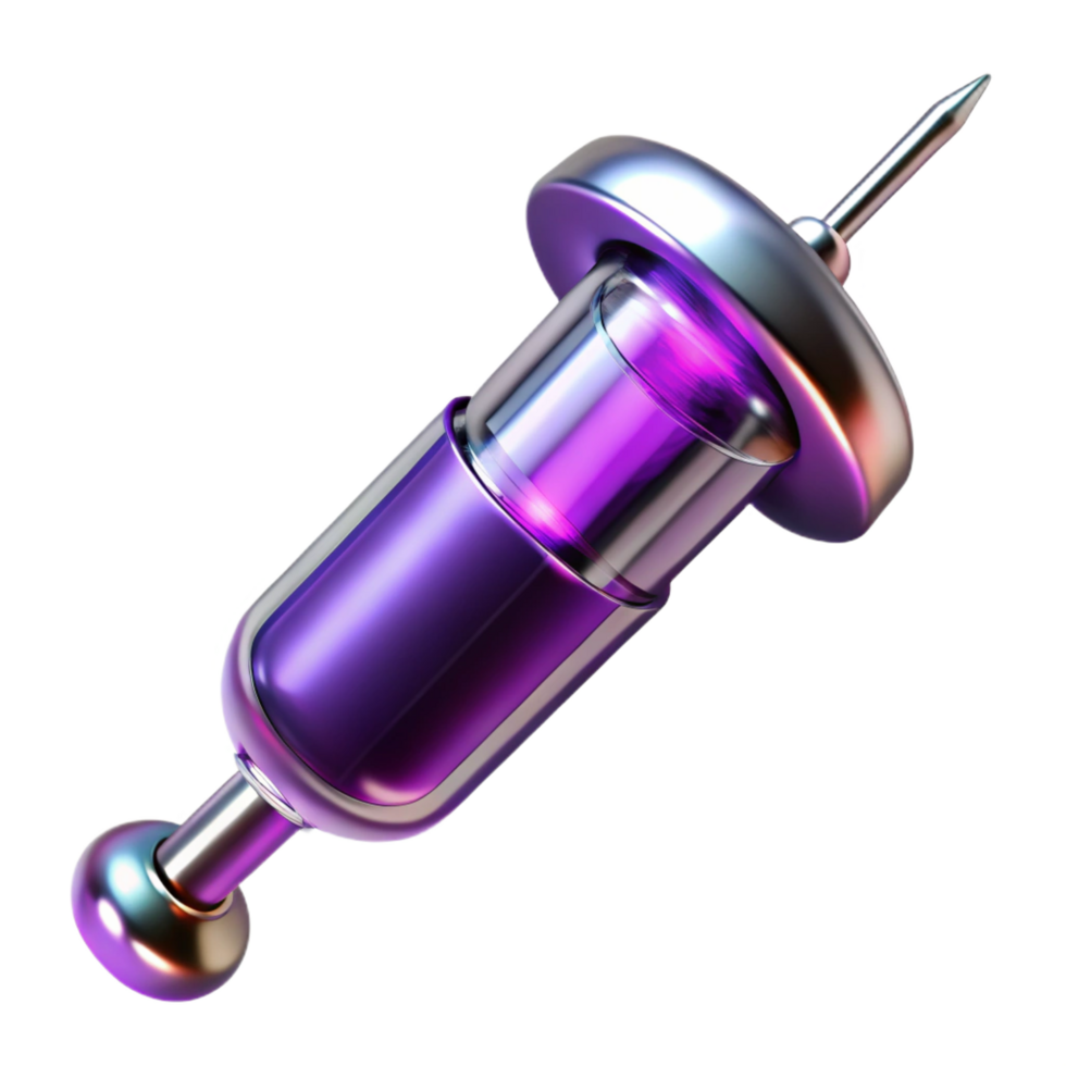 dazzling celebrated Hyper-specific, isolated cutout, ultra-detailed A futuristic, chrome and glass syringe filled with a shimmering, purple liquid with Transparent Background png